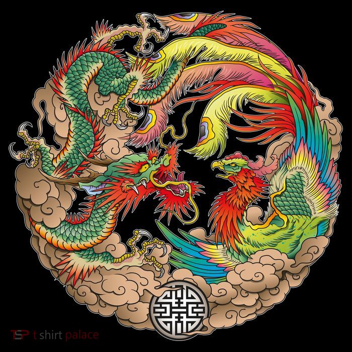 Chinese Dragon and Phoenix Yin Yang Drawstring Bag