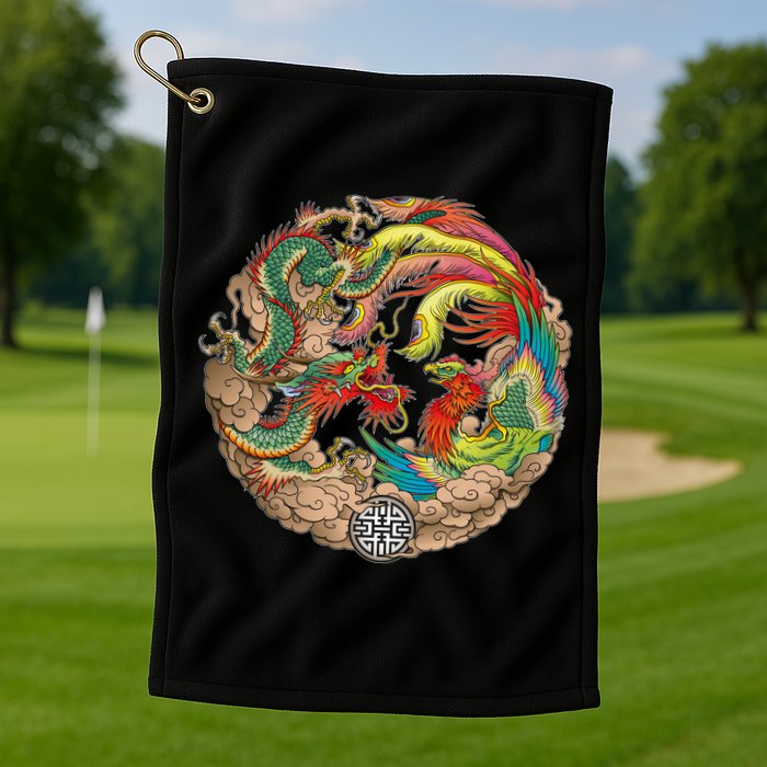 Chinese Dragon and Phoenix Yin Yang Golf Towel