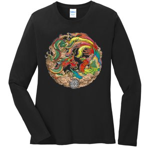 Chinese Dragon and Phoenix Yin Yang Ladies Long Sleeve Shirt