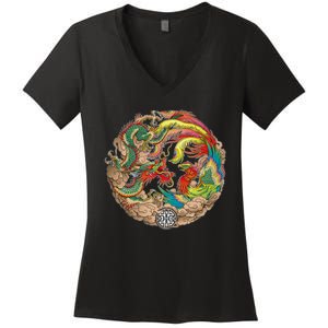 Chinese Dragon and Phoenix Yin Yang Women's V-Neck T-Shirt