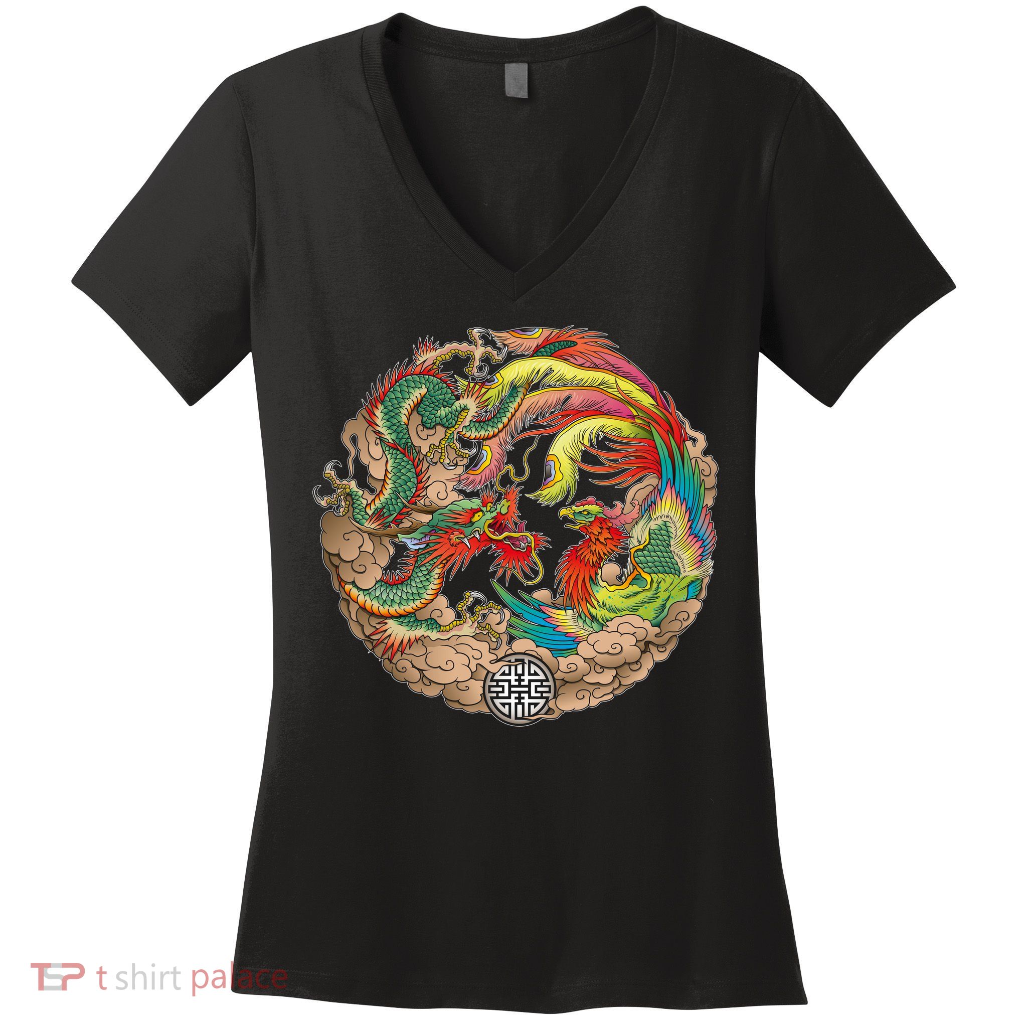Chinese Dragon and Phoenix Yin Yang Women's V-Neck T-Shirt