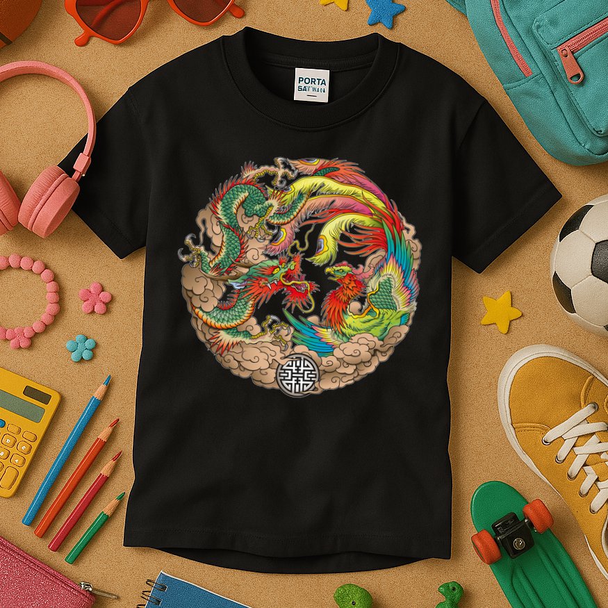Chinese Dragon and Phoenix Yin Yang Kids T-Shirt