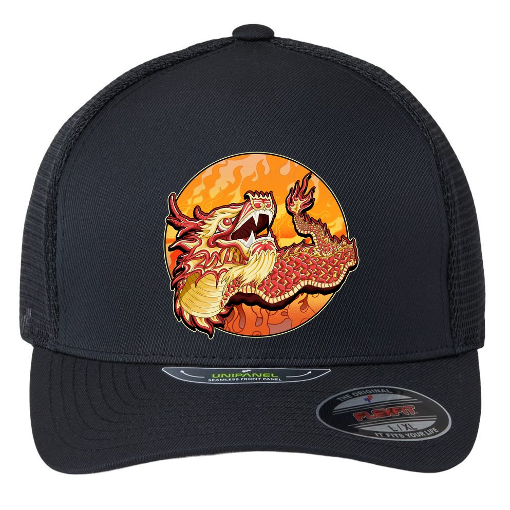 Chinese Dragon Fire Dance Flexfit Unipanel Trucker Cap