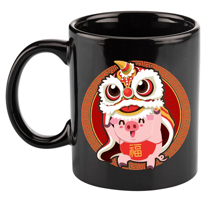 Chinese New Year Pig Dragon Dance 11oz C Handle Ceramic Mug