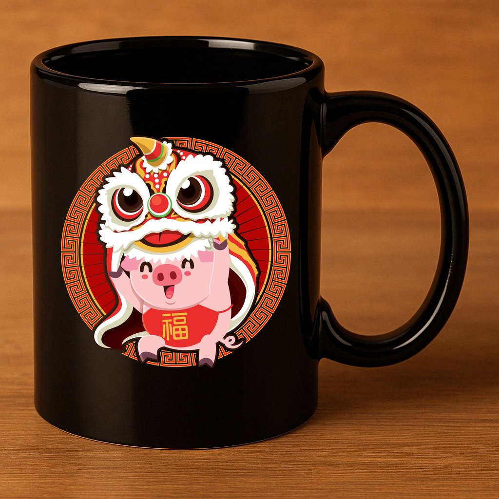 Chinese New Year Pig Dragon Dance 11oz C Handle Ceramic Mug