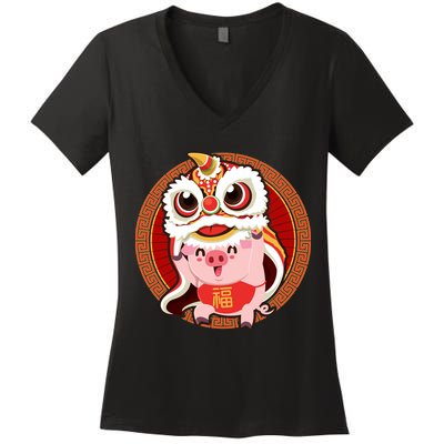 Chinese New Year Pig Dragon Dance Women's V-Neck T-Shirt