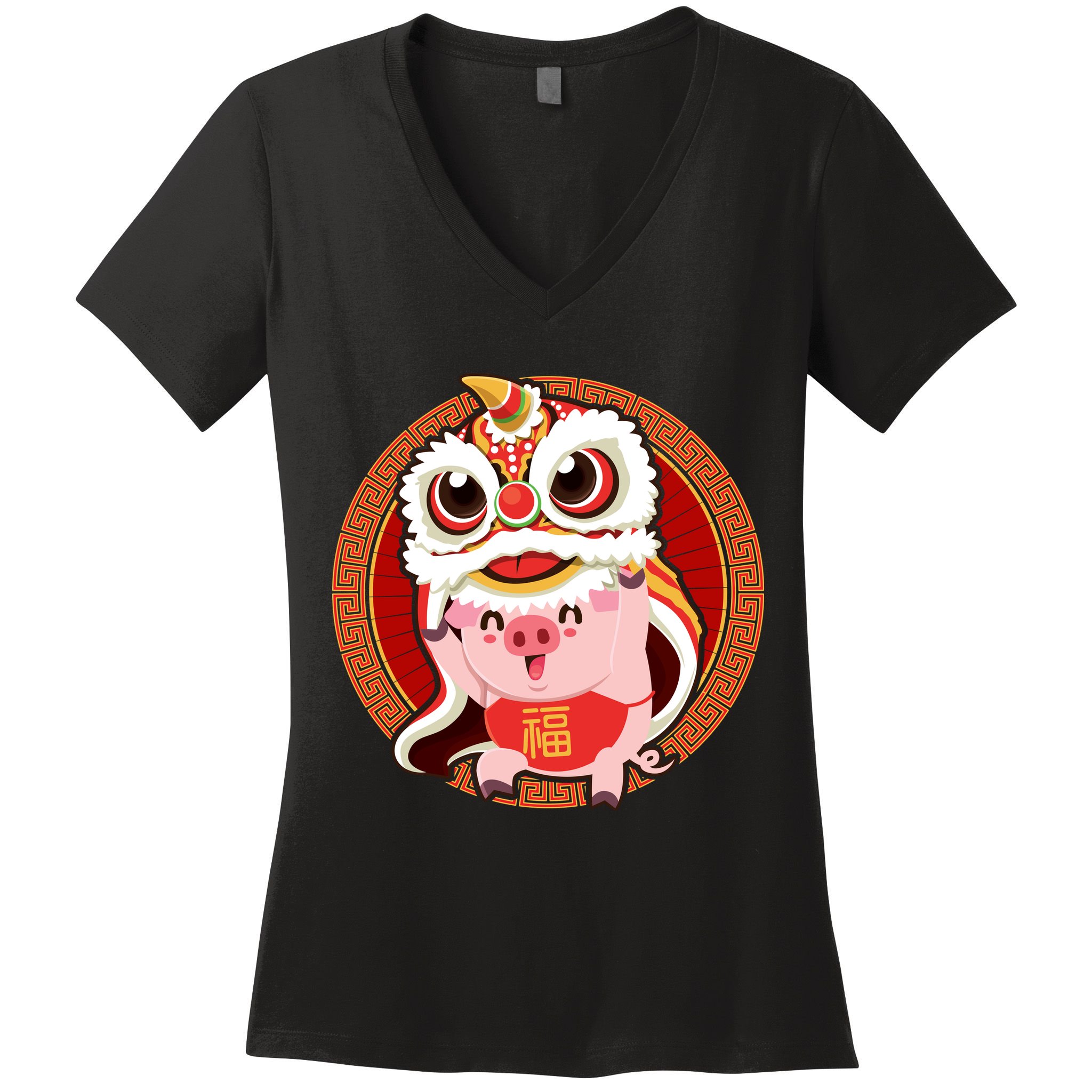 Chinese New Year Pig Dragon Dance Women's V-Neck T-Shirt