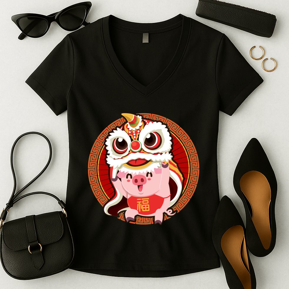 Chinese New Year Pig Dragon Dance Women's V-Neck T-Shirt