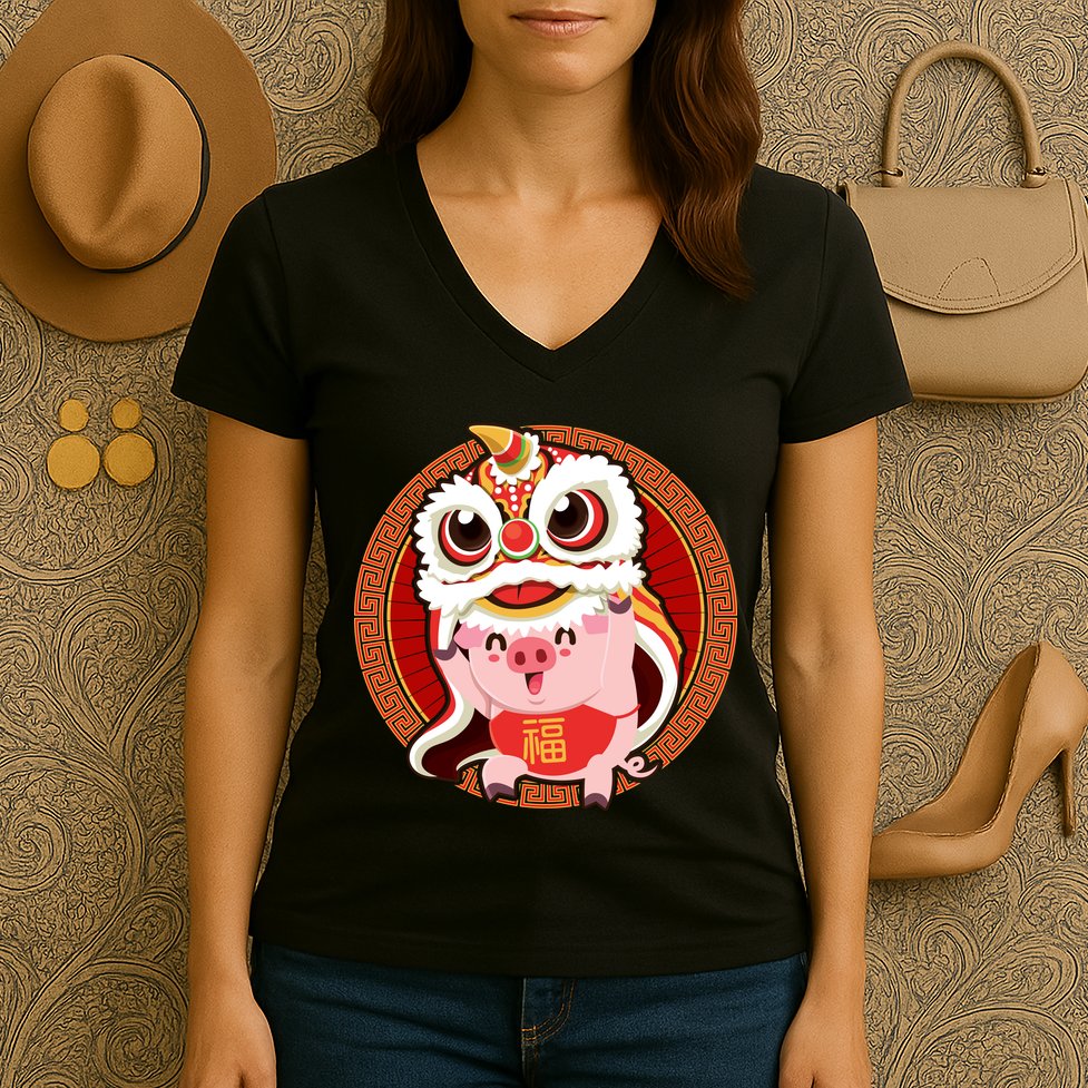 Chinese New Year Pig Dragon Dance Women's V-Neck T-Shirt