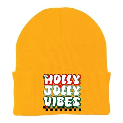 Cute Holly Jolly Vibes Christmas Checkerboard Knit Cap Winter Beanie