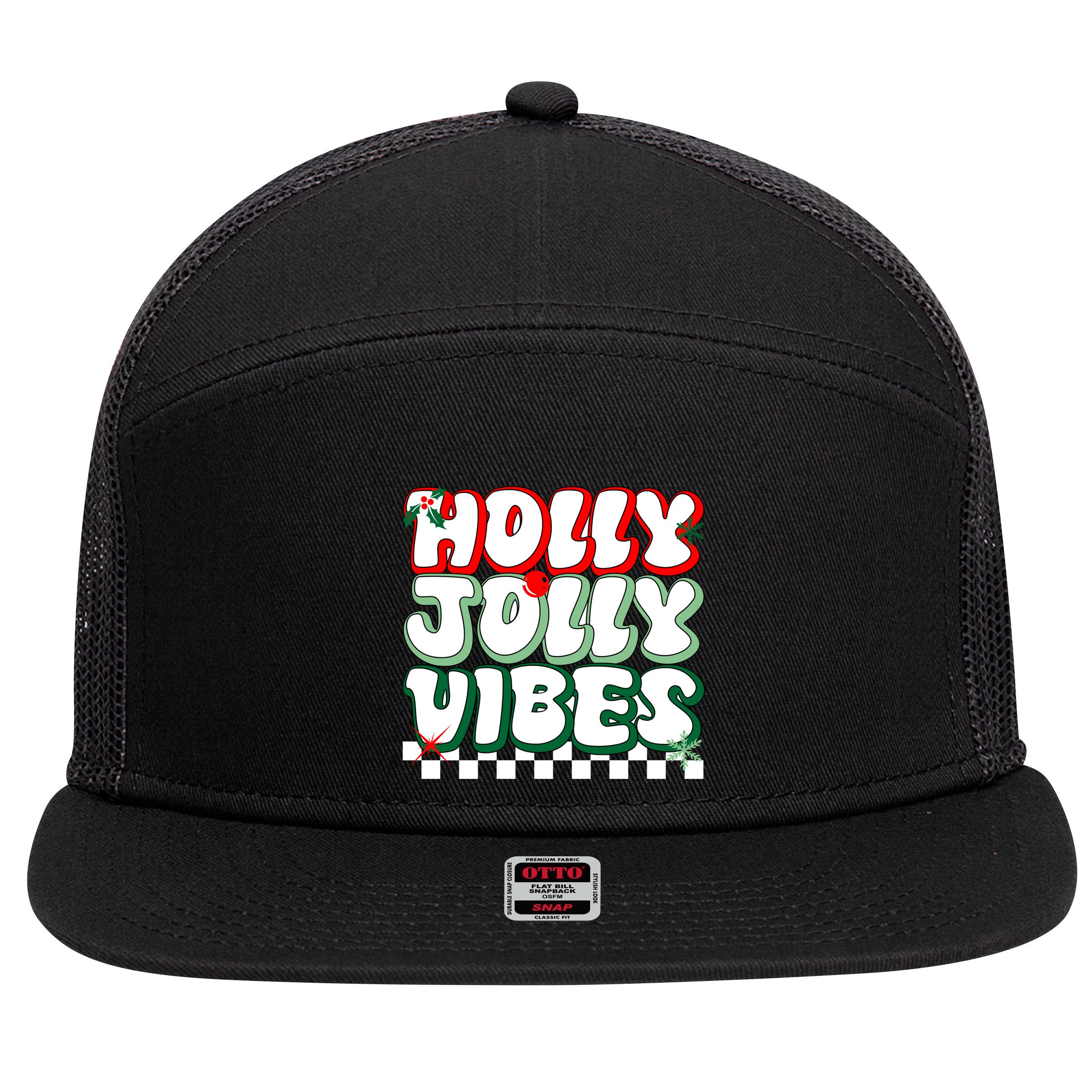 Cute Holly Jolly Vibes Christmas Checkerboard 7 Panel Mesh Trucker Snapback Hat