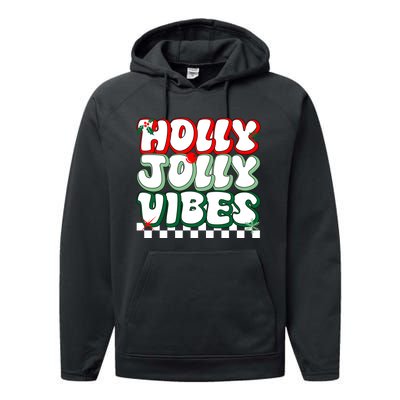 Cute Holly Jolly Vibes Christmas Checkerboard Performance Fleece Hoodie