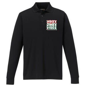 Cute Holly Jolly Vibes Christmas Checkerboard Performance Long Sleeve Polo