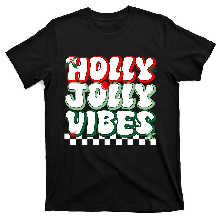 Cute Holly Jolly Vibes Christmas Checkerboard T-Shirt