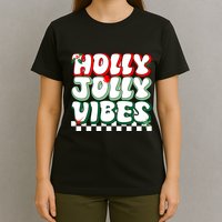 Cute Holly Jolly Vibes Christmas Checkerboard T-Shirt