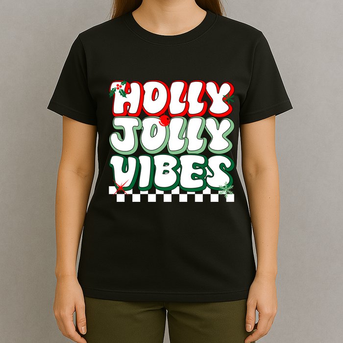 Cute Holly Jolly Vibes Christmas Checkerboard T-Shirt