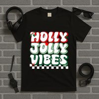 Cute Holly Jolly Vibes Christmas Checkerboard T-Shirt