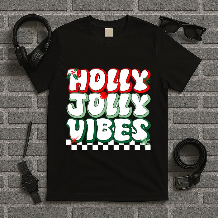 Cute Holly Jolly Vibes Christmas Checkerboard T-Shirt