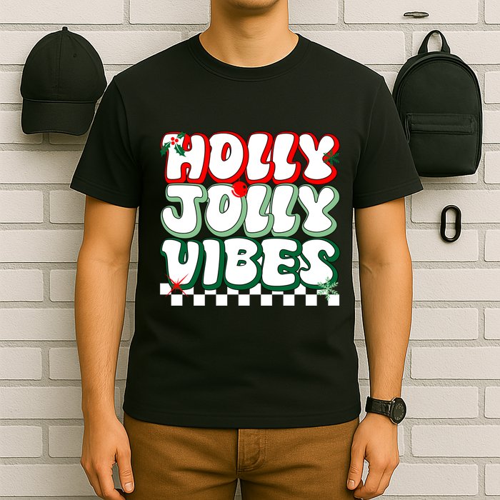 Cute Holly Jolly Vibes Christmas Checkerboard T-Shirt