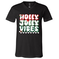 Cute Holly Jolly Vibes Christmas Checkerboard V-Neck T-Shirt