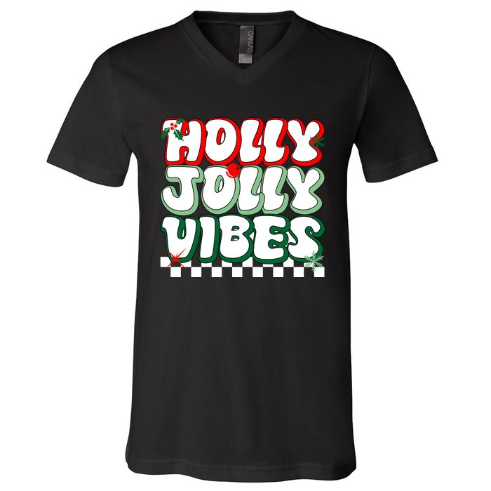 Cute Holly Jolly Vibes Christmas Checkerboard V-Neck T-Shirt