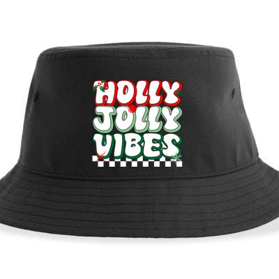 Cute Holly Jolly Vibes Christmas Checkerboard Sustainable Bucket Hat