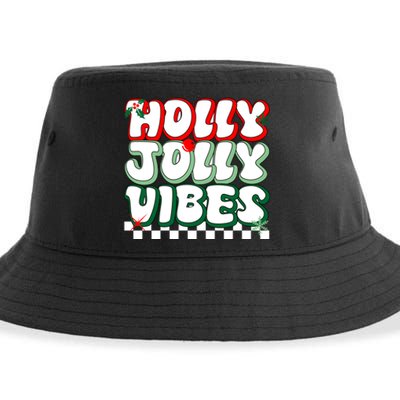 Cute Holly Jolly Vibes Christmas Checkerboard Sustainable Bucket Hat