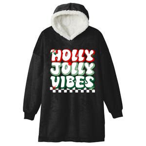 Cute Holly Jolly Vibes Christmas Checkerboard Hooded Wearable Blanket