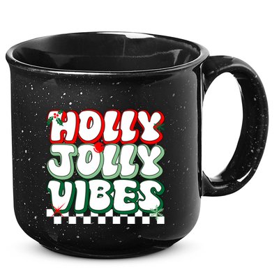 Cute Holly Jolly Vibes Christmas Checkerboard 15oz Campfire Ceramic Mug