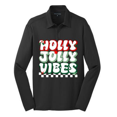 Cute Holly Jolly Vibes Christmas Checkerboard Silk Touch Performance Long Sleeve Polo