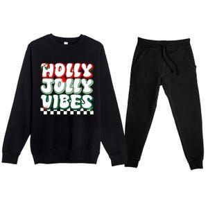 Cute Holly Jolly Vibes Christmas Checkerboard Premium Crewneck Sweatsuit Set