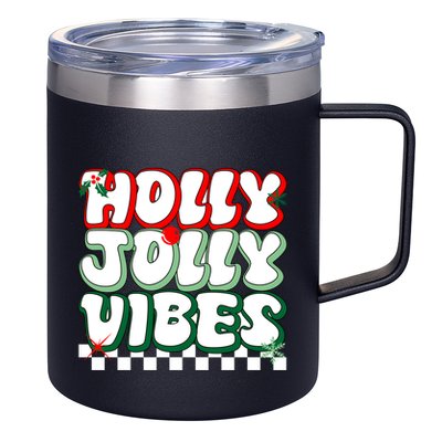 Cute Holly Jolly Vibes Christmas Checkerboard 12oz Stainless Steel Coffee Mug