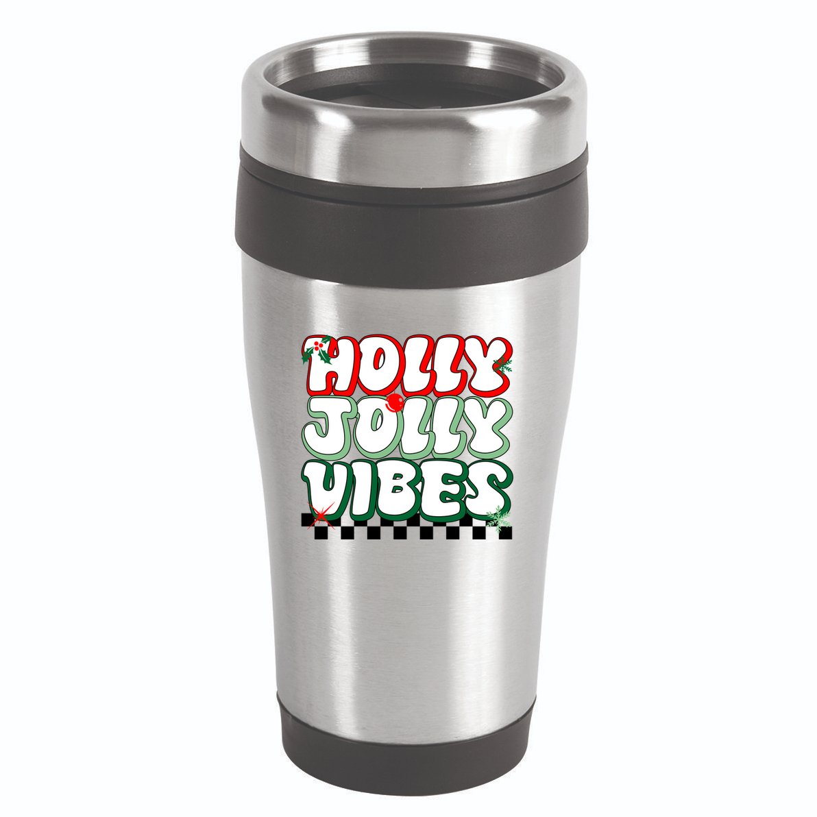 Cute Holly Jolly Vibes Christmas Checkerboard 16oz Travel Tumbler