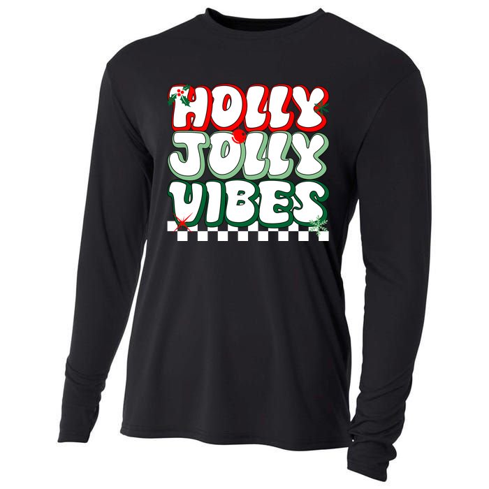 Cute Holly Jolly Vibes Christmas Checkerboard Cooling Performance Long Sleeve Crew