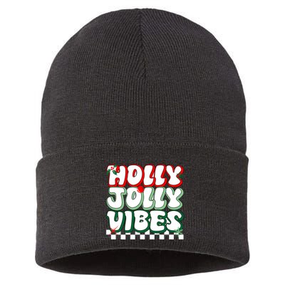 Cute Holly Jolly Vibes Christmas Checkerboard Sustainable Knit Beanie