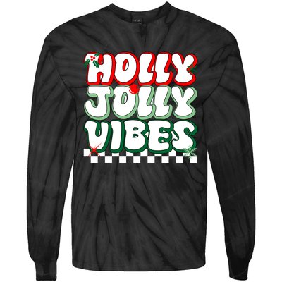 Cute Holly Jolly Vibes Christmas Checkerboard Tie-Dye Long Sleeve Shirt