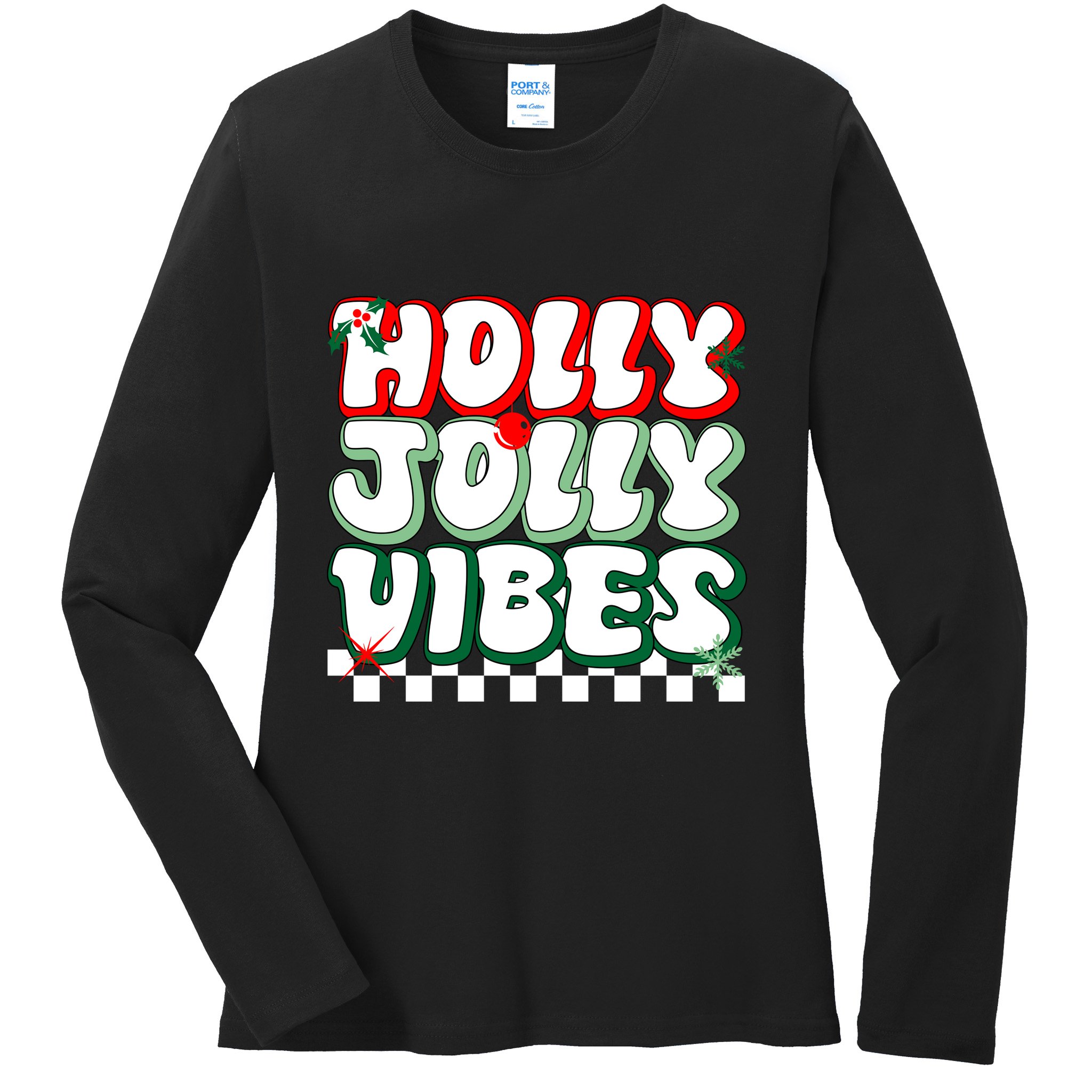 Cute Holly Jolly Vibes Christmas Checkerboard Ladies Long Sleeve Shirt