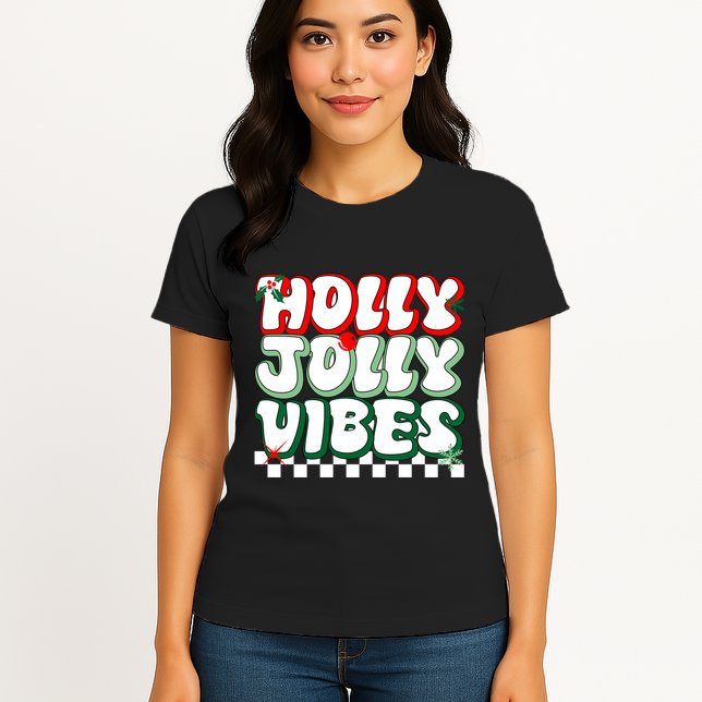 Cute Holly Jolly Vibes Christmas Checkerboard Womens T-Shirt