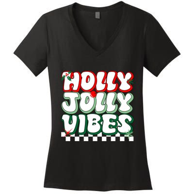 Cute Holly Jolly Vibes Christmas Checkerboard Women's V-Neck T-Shirt