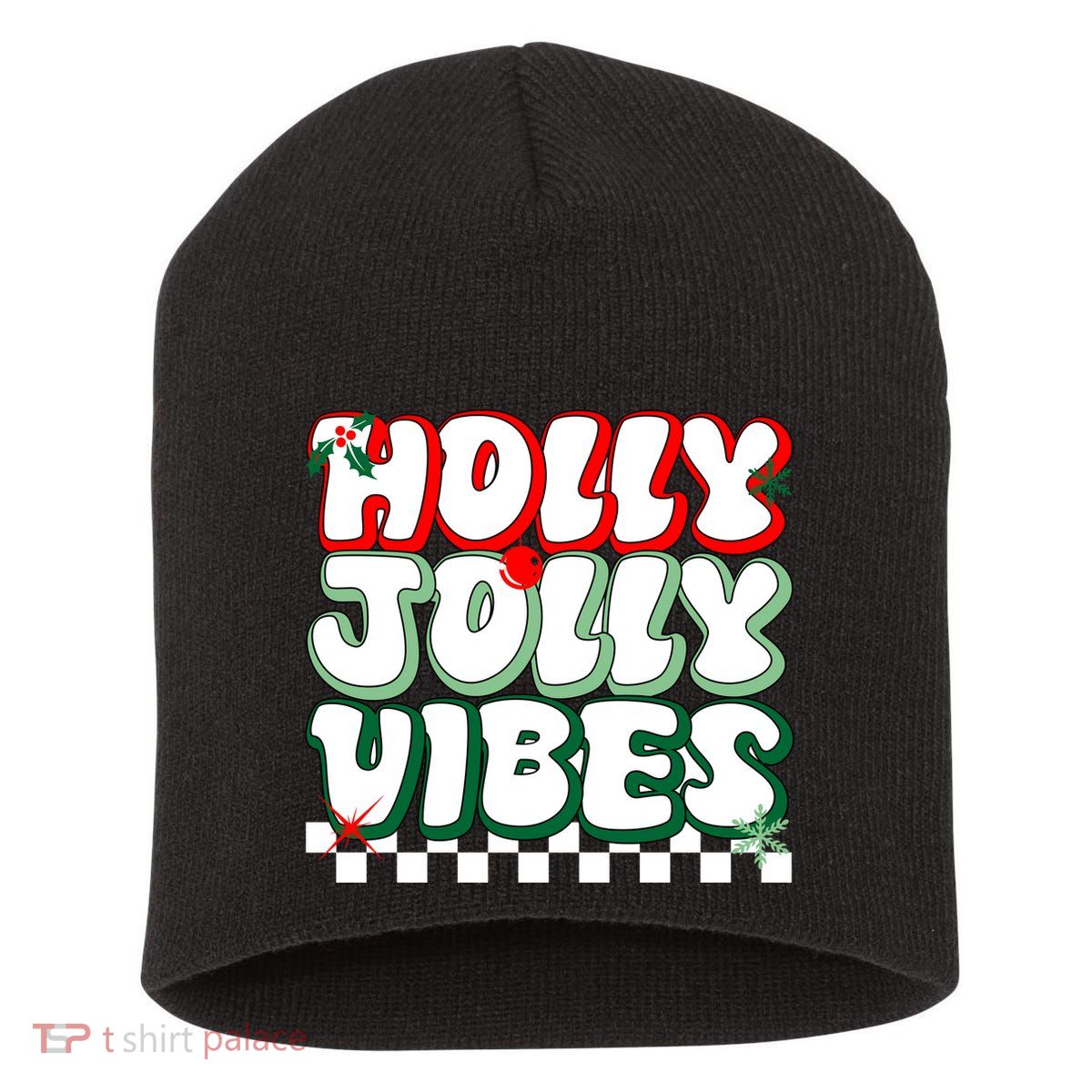 Cute Holly Jolly Vibes Christmas Checkerboard Short Acrylic Beanie