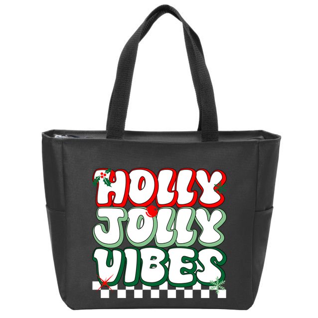Cute Holly Jolly Vibes Christmas Checkerboard Zip Tote Bag