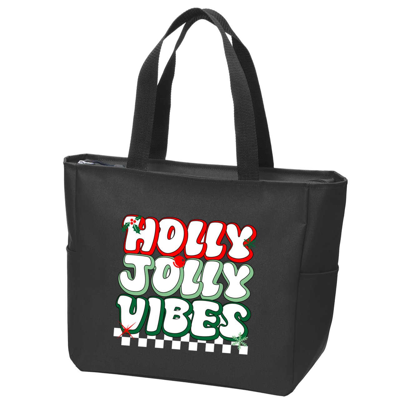 Cute Holly Jolly Vibes Christmas Checkerboard Zip Tote Bag