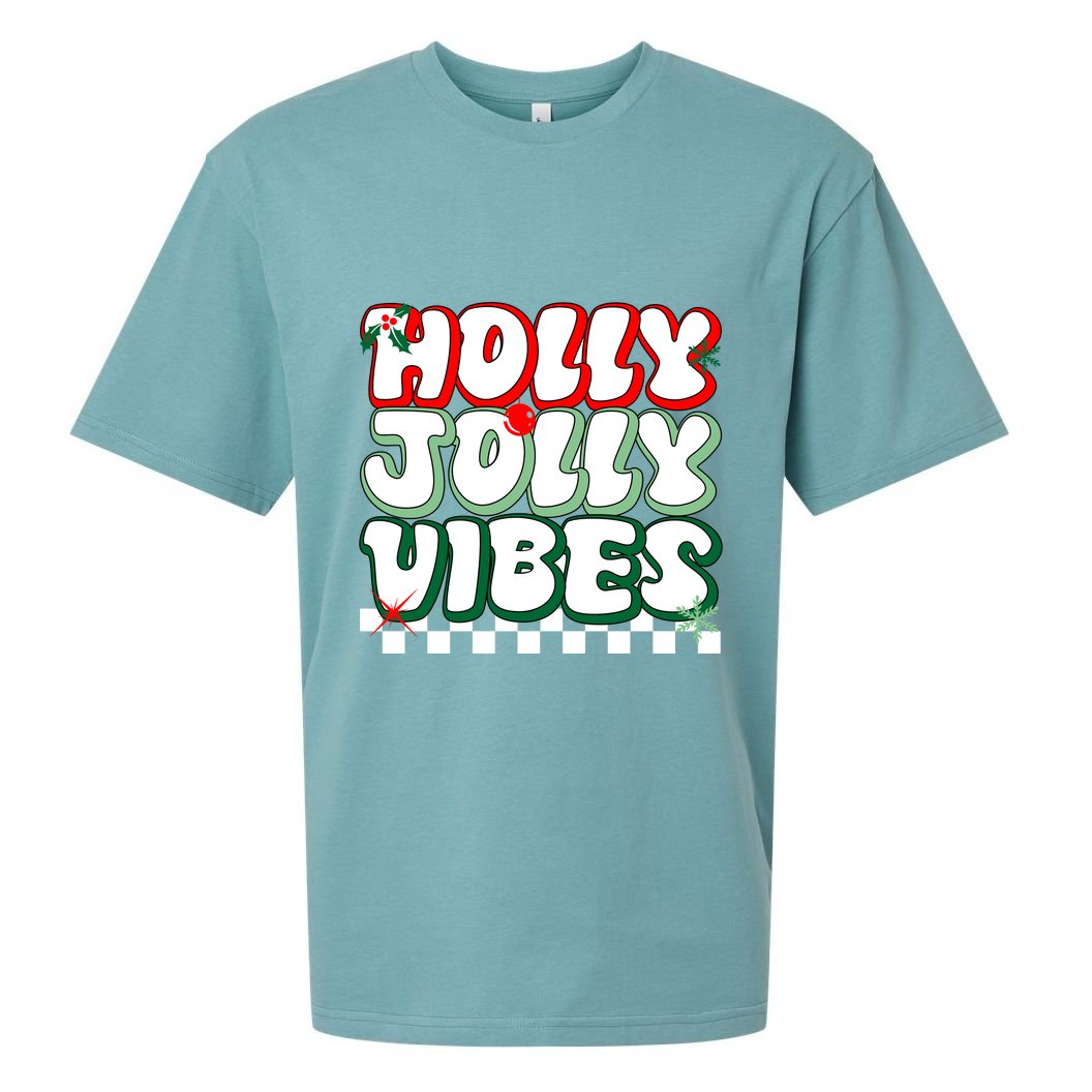 Cute Holly Jolly Vibes Christmas Checkerboard Sueded Cloud Jersey T-Shirt