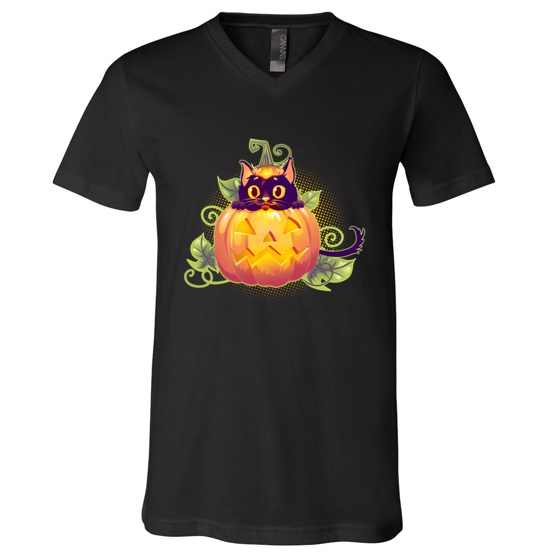 Cute Halloween Jackolantern PumpkinBlack Cat V-Neck T-Shirt