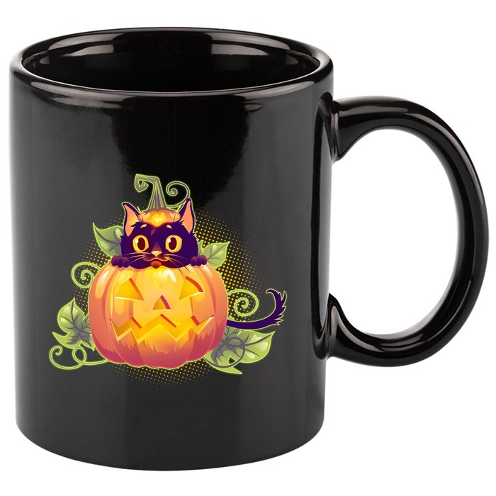 Cute Halloween Jackolantern PumpkinBlack Cat 11oz C Handle Ceramic Mug