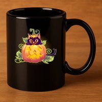 Cute Halloween Jackolantern PumpkinBlack Cat 11oz C Handle Ceramic Mug