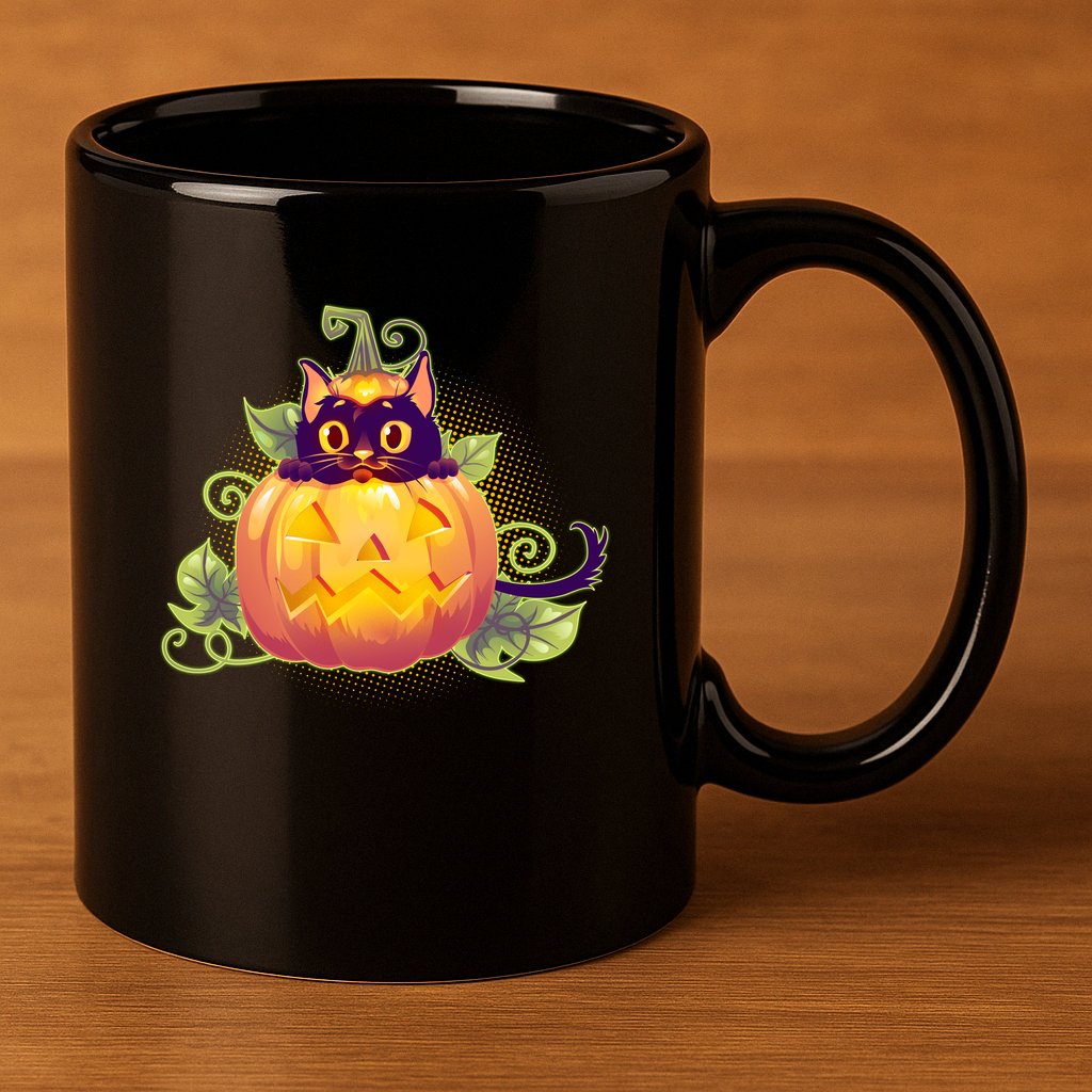 Cute Halloween Jackolantern PumpkinBlack Cat 11oz C Handle Ceramic Mug