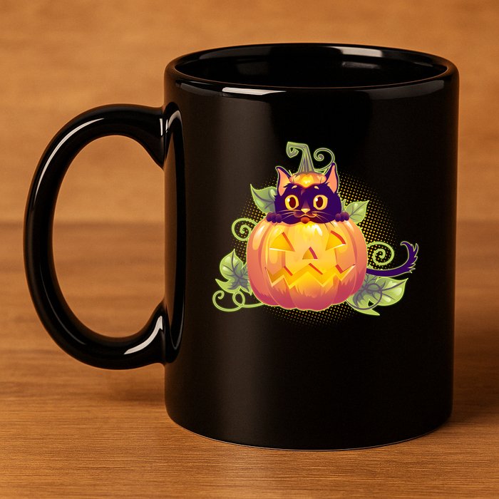 Cute Halloween Jackolantern PumpkinBlack Cat 11oz C Handle Ceramic Mug
