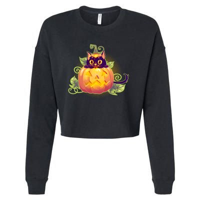 Cute Halloween Jackolantern PumpkinBlack Cat Cropped Pullover Crew