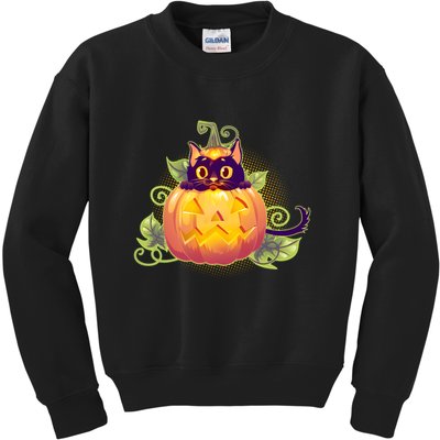 Cute Halloween Jackolantern PumpkinBlack Cat Kids Sweatshirt